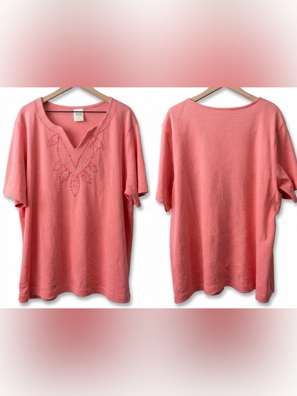 Bedford Fair Cotton Blend Tribal Embroidered V-Neck Tee - Coral Pink - Size XL - Picture 2 of 6